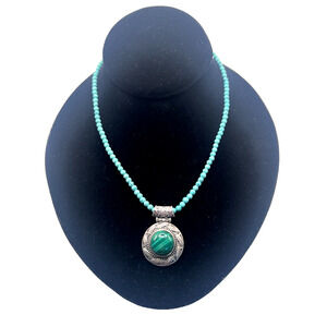Sterling Silver TJC925 Beaded Turquoise & Unique Malachite Pendant Necklace
